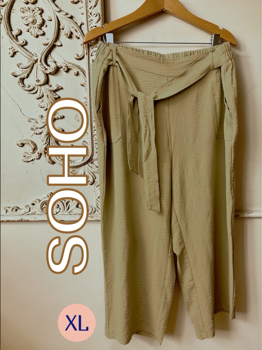 Soho Sage Green Tie-Waist Wide-Leg Pants